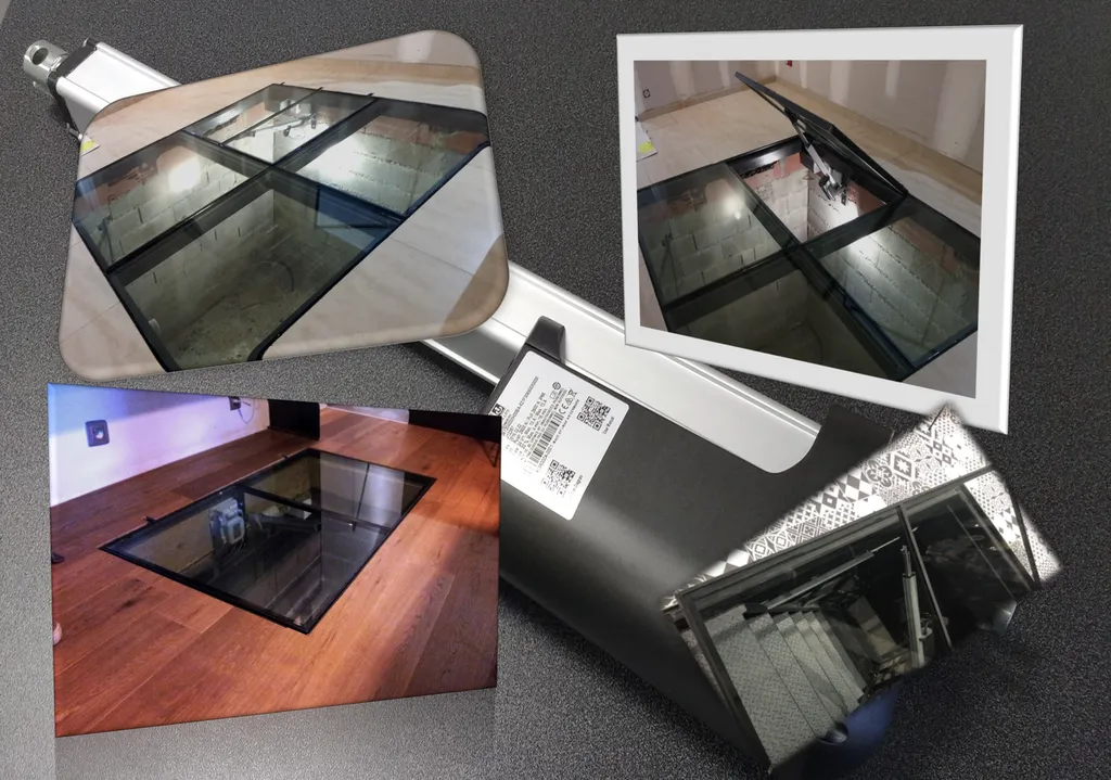 Fabrication de trappe vitrée motorisée au sol sur mesure pour accès cave et escalier intérieur proche de Lille