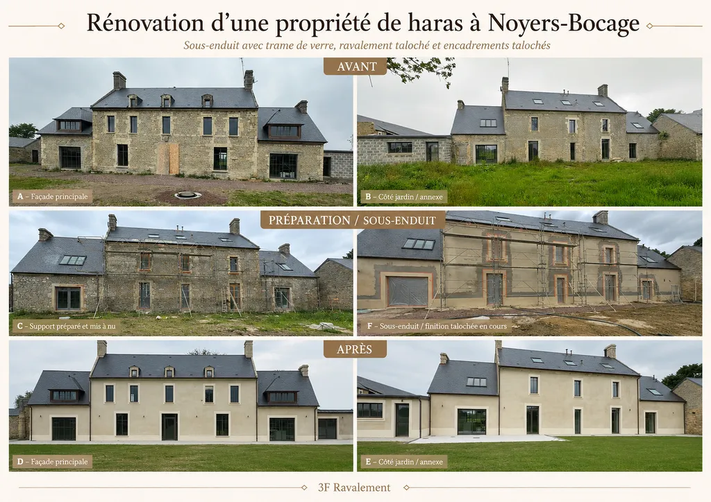 Rénovation d’une propriété de haras avec un ravalement taloché à Noyers-Bocage réalisé par 3F Ravalement