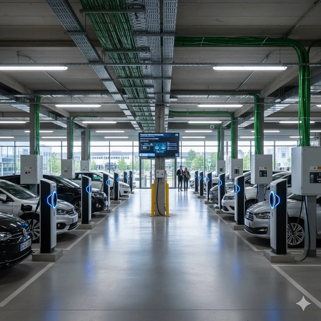 Bornes de recharge multiples dans un parking d'entreprise de la zone d'activité de Bordeaux, avec système de gestion de charge dynamique