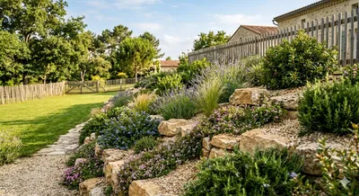 Aménagement d'un talus paysager avec enrochement en pierre naturelle, plantes couvre-sol fleuries, graminées ornementales et arbustes persistants réalisé par AM Paysage paysagiste à Pomerol en Gironde