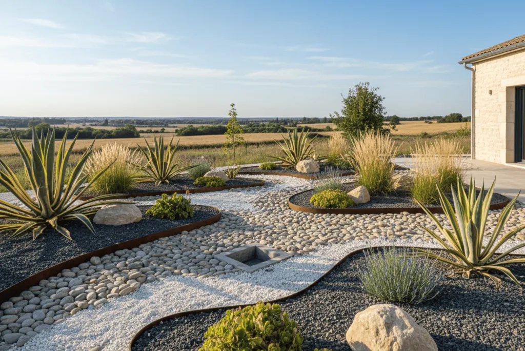 Création de jardin sec sans entretien avec galets à Labarthe-sur-Lèze 31860