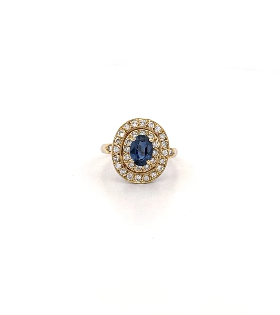 Bague or 750 saphir ovale 0,9 carat entouré double halo diamants dépôt vente Or Ligne La Teste Bassin Arcachon
