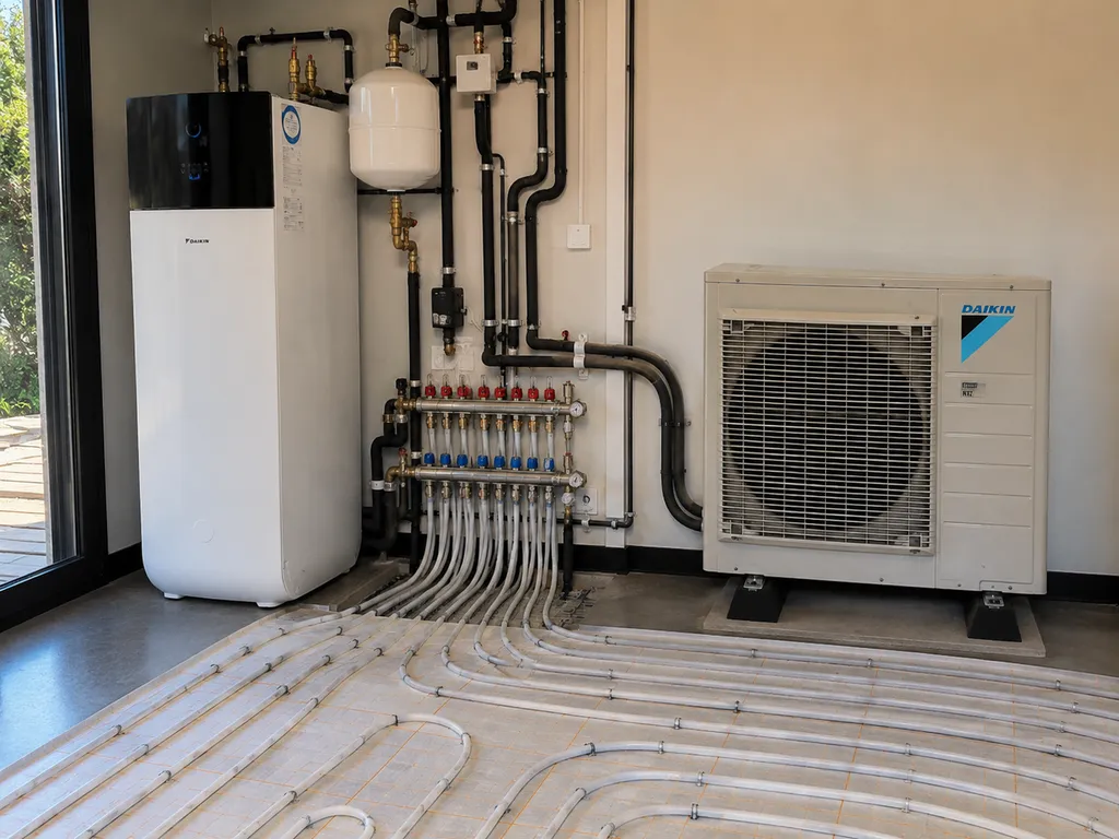Installation d'un chauffage au sol alimenté par une pompe à chaleur air/eau réalisée par T Industrie à Manosque. Une solution performante qui assure un confort thermique optimal tout en réduisant la consommation d'énergie.