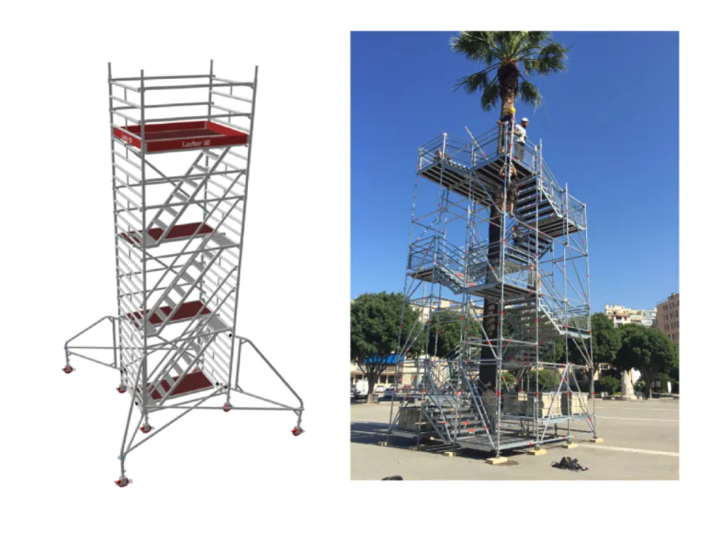 La tour Escalier en acier ou en aluminium Layher, distribuée par le Ste Niveau4 dans le Sud pour la France entière