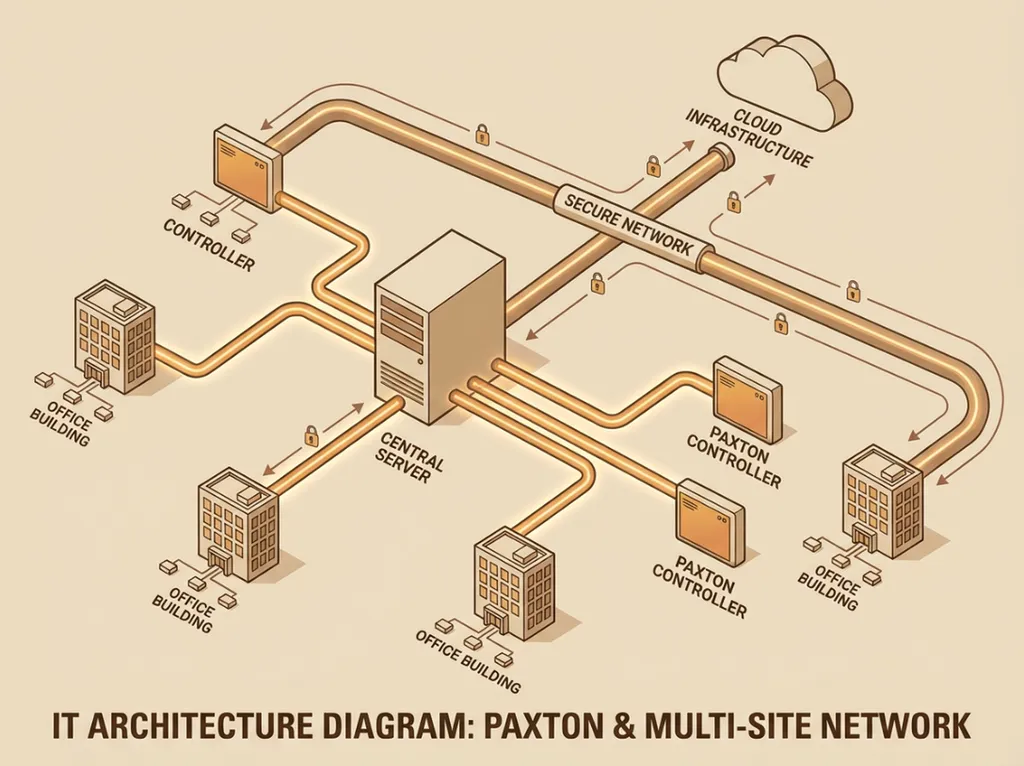 Schéma réseau montrant contrôleurs Paxton connectés au serveur central, plusieurs bâtiments de bureaux reliés via réseau sécurisé, illustration infrastructure cloud, visualisation architecture IT