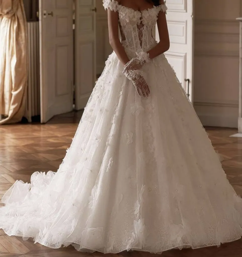 Robe de mariée trapèze en dentelle florales 3D à Marseille