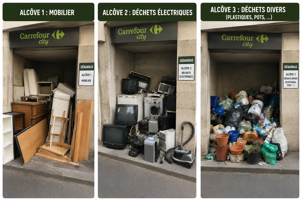 Débarras de 5 alcôves et encombrants à Carrefour City Marseille 13006 : mobilier, déchets électriques et recyclage