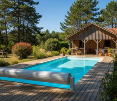 Piscine à coque avec rideau coulissant à Sanguinet (Landes) - Aloha Piscines