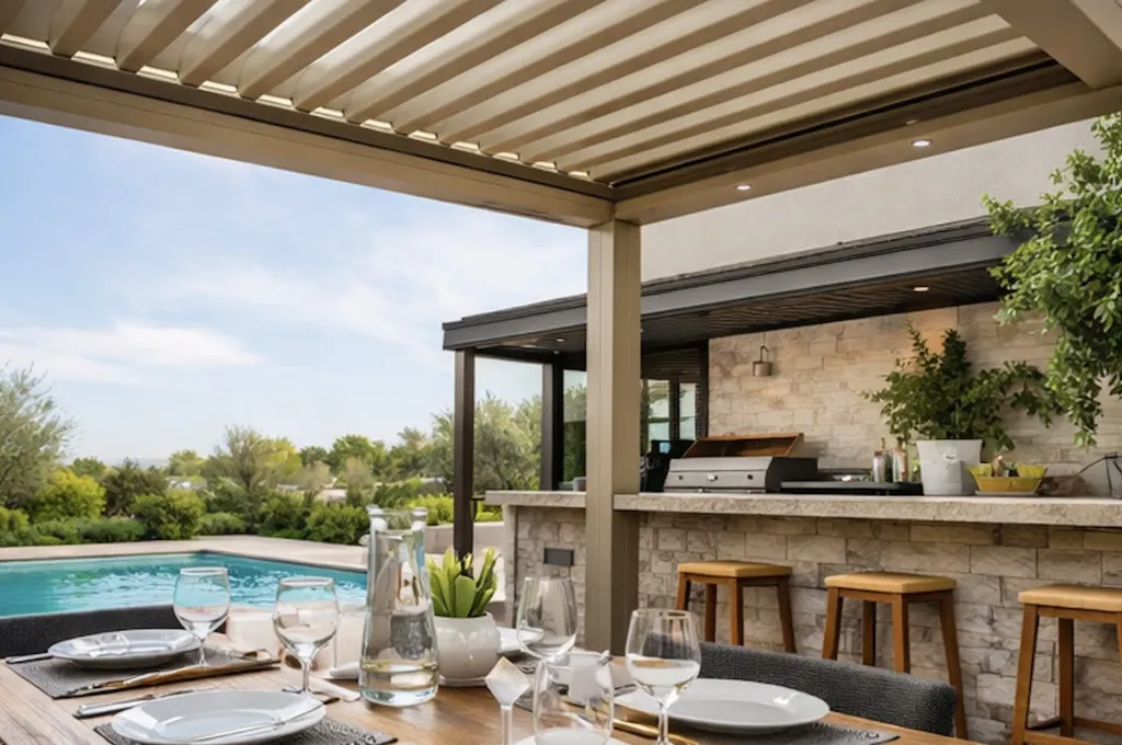 Magnifique pergolas bioclimatique brun lacté en aluminium Technal, lumière intégrée installée à Belcodène