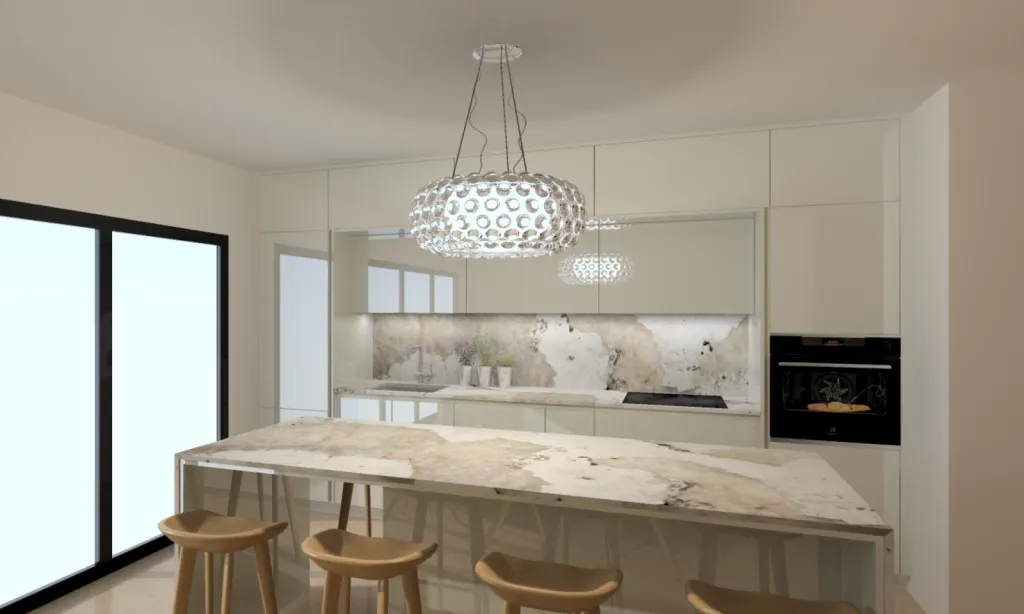 Cuisine haut de gamme avec un linéaire et un ilôt central