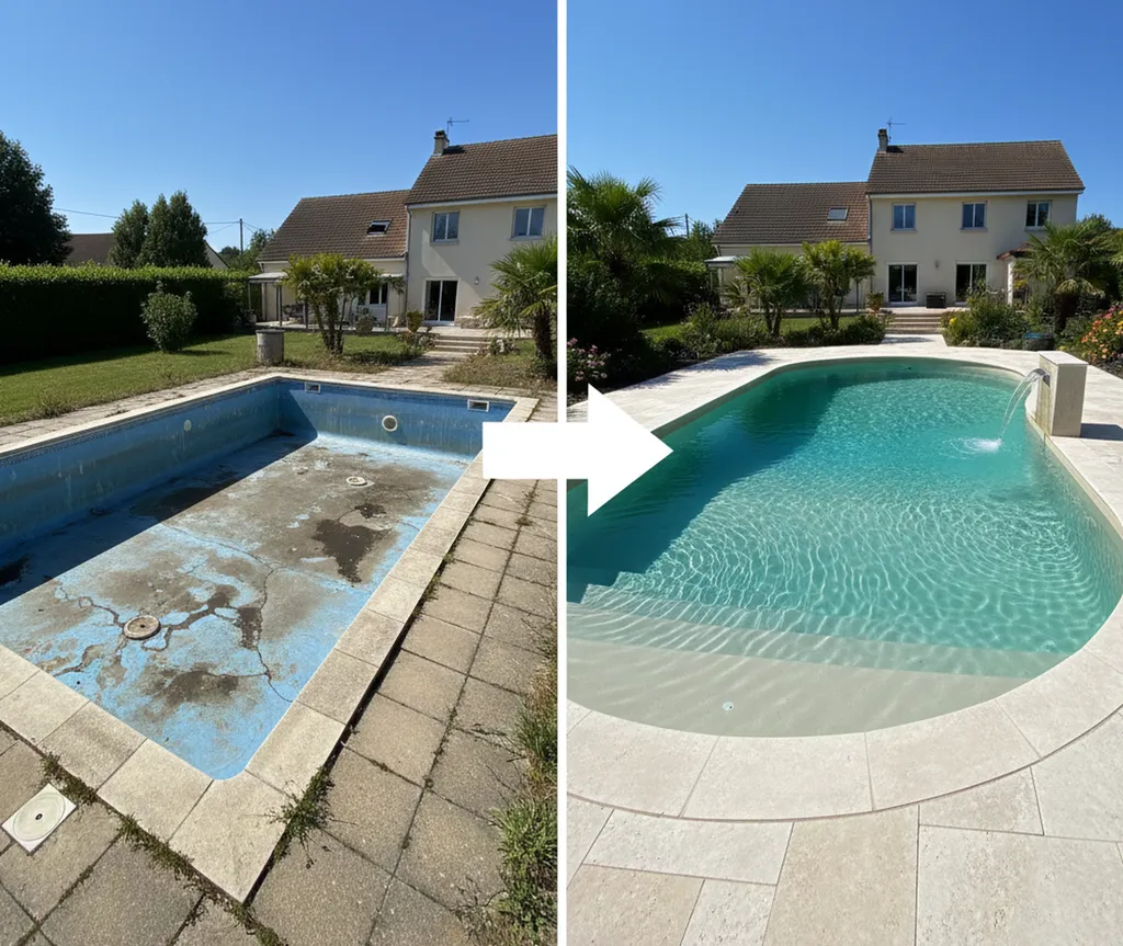 Avant/Après transformation piscine forme libre membrane armée à Mérignac - Areva piscines