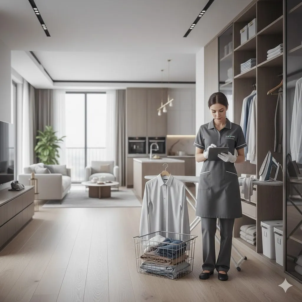 Une femme fait le ménage d'un appartement de prestige à Mérignac