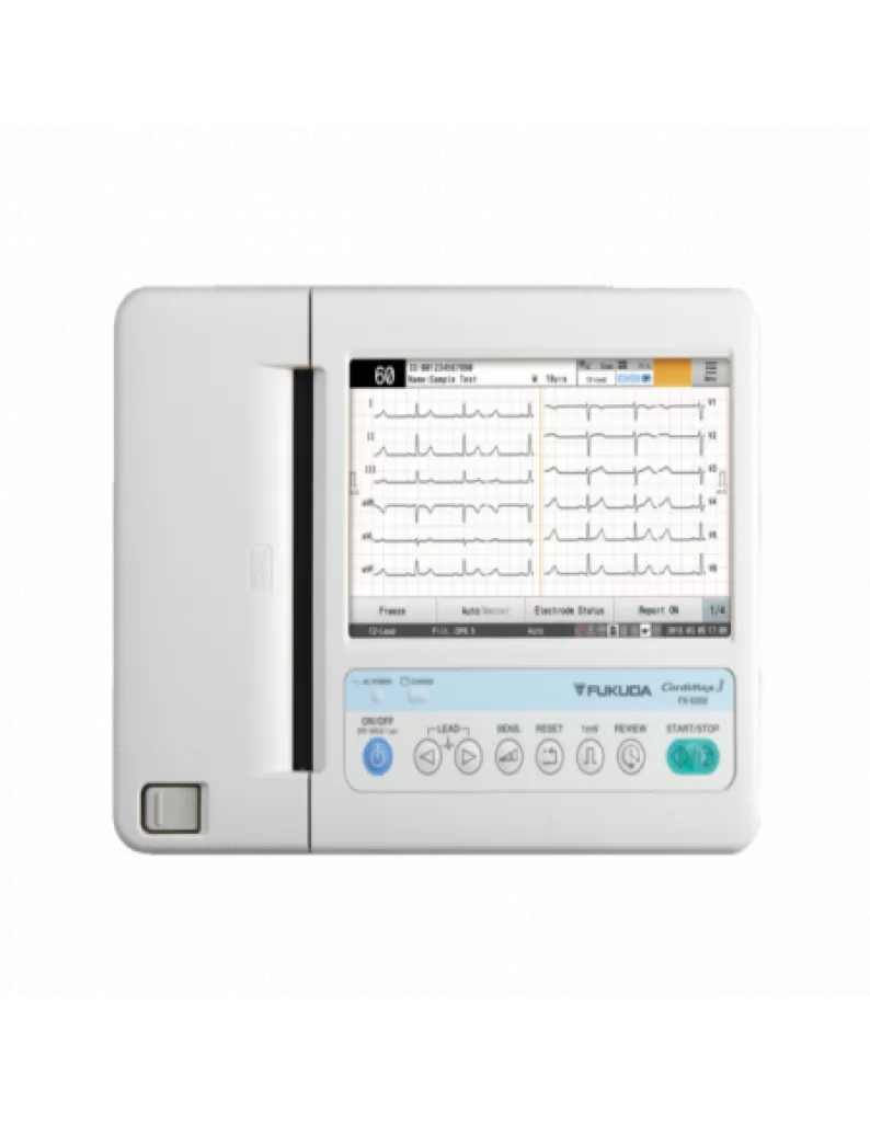 ECG Fukuda FX-8300 à Saint-Etienne : électrocardiographe 12 dérivations tactile avec interprétation automatique et connectivité LAN pour cabinet médical.