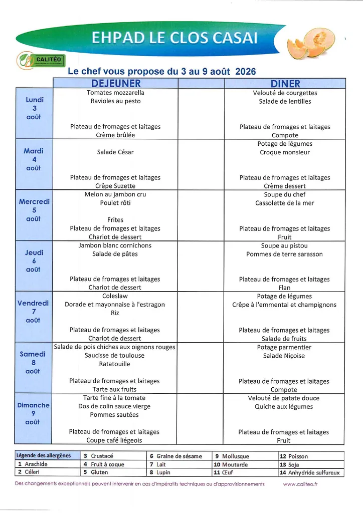 Menu du lundi 03 au dimanche 09 août 2026