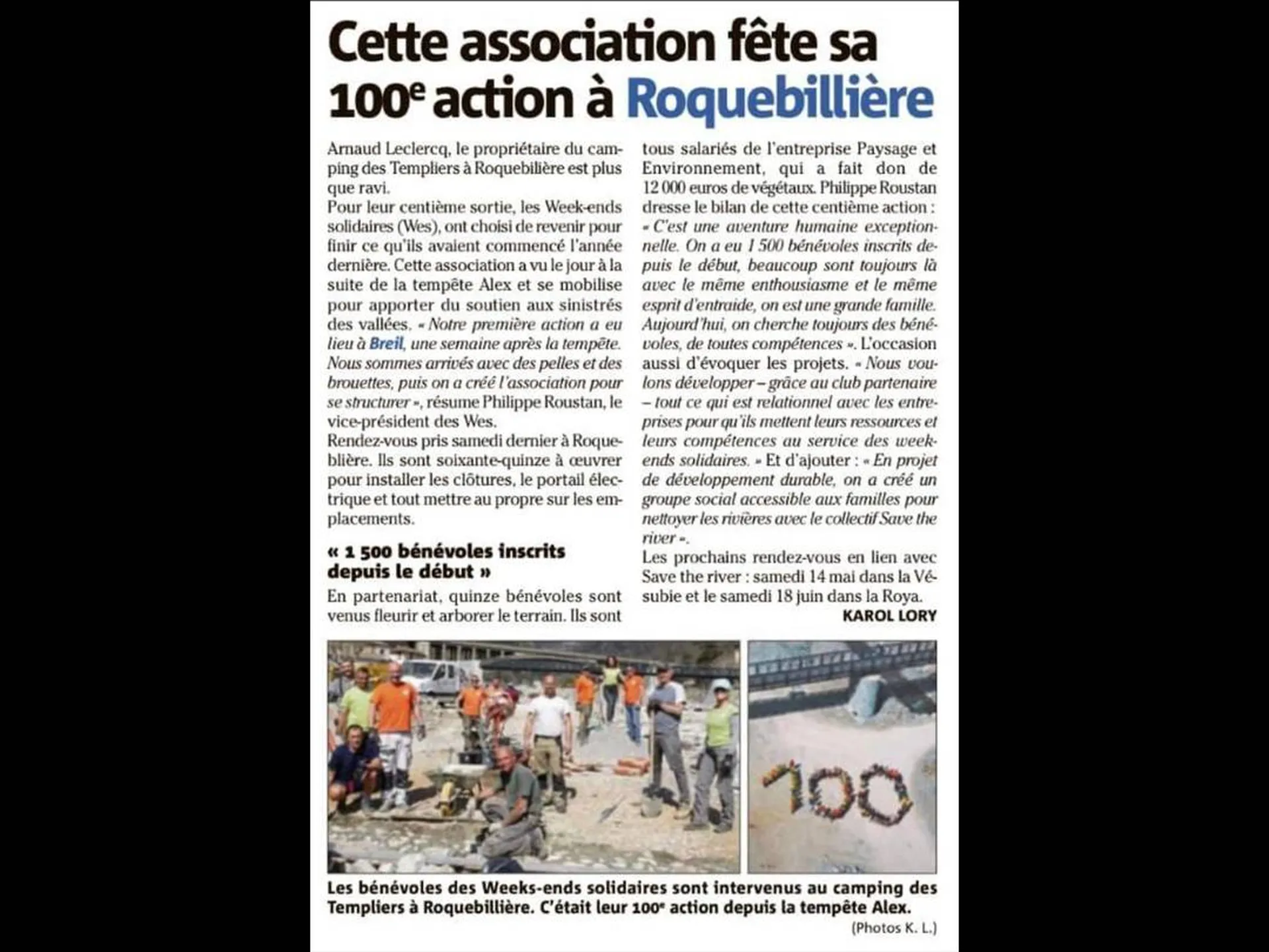 Article pour le 100ème chantier WES dans le Nice Matin