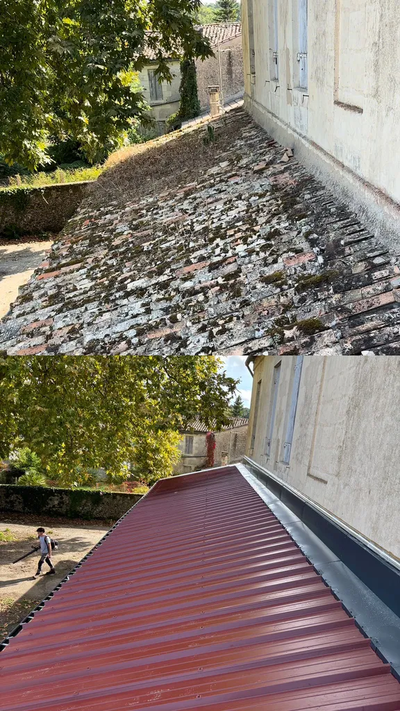 Remplacement de l’ancienne toiture après désamiantage par du bac acier avec pose de bas de mur et solin d’étanchéité à Le Haillan
