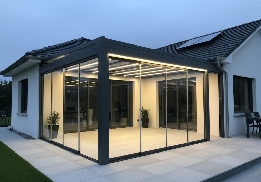 Véranda en aluminium toiture plate avec vitrage thermique et éclairage LED intégrée à Sète dans l’Hérault 34200
