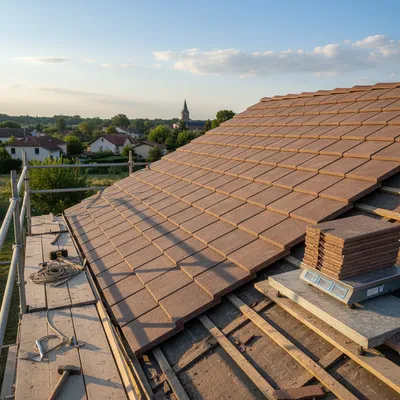 Dépose d’ancienne couverture et pose neuve en tuiles béton Monier à Villeneuve Tolosane : contrôle du poids de 45 à 55 kg m² proche Tournefeuille par couvreur en Haute-Garonne Occitanie 31