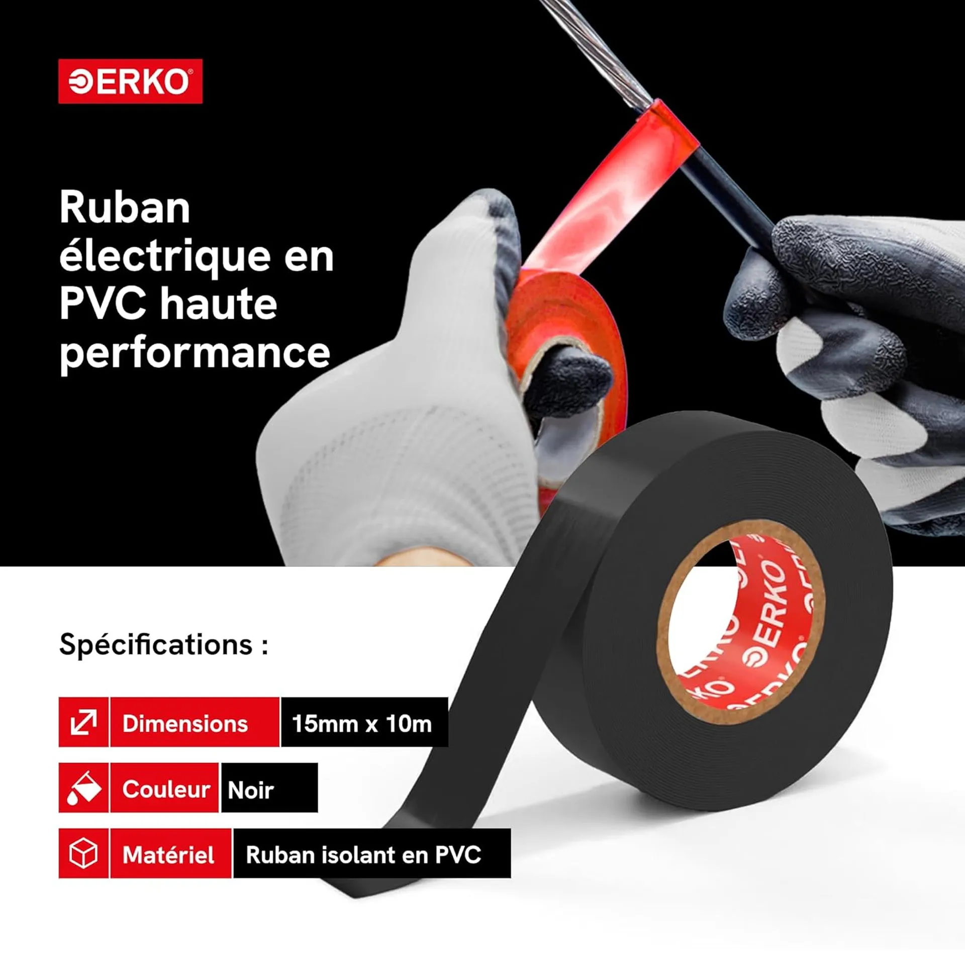 Scotch Ruban Isolant Noir  15mm x 10m Électrique en PVC Flexible