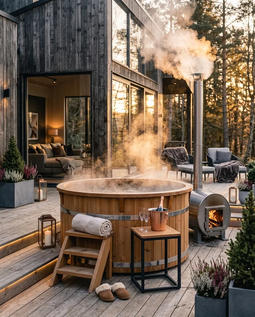 Installation de bains nordiques pour créer un espace bien-être extérieur chaleureux, naturel et confortable