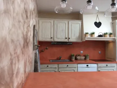 un mur cuisine : en chaux avec une cire Alu Bronze TERRE DU MONDE
