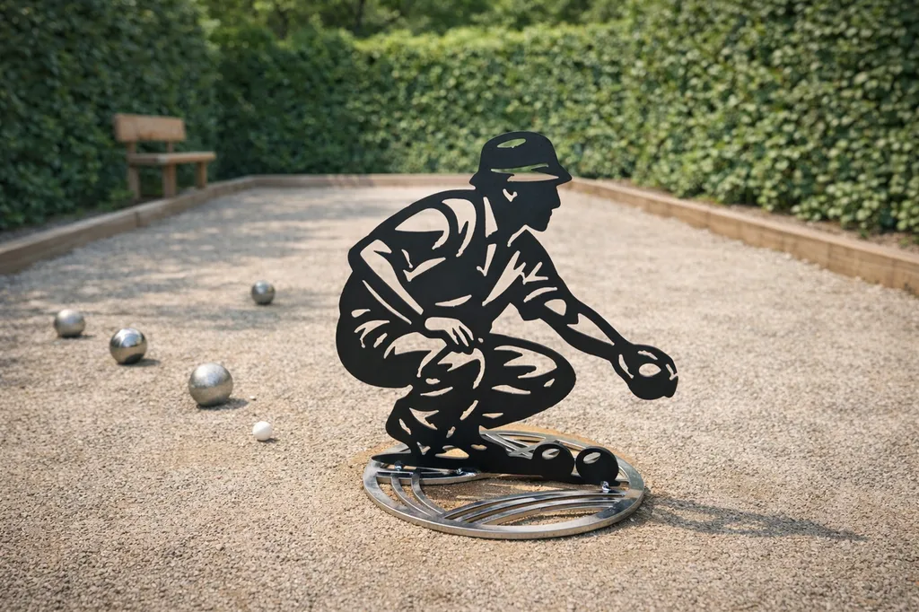 Décoration métal pétanque – Silhouette joueur de pétanque en acier – Création artisanale à Villeneuve-de-Rivière (31, Occitanie) – Décor intérieur & extérieur – Livraison partout en France