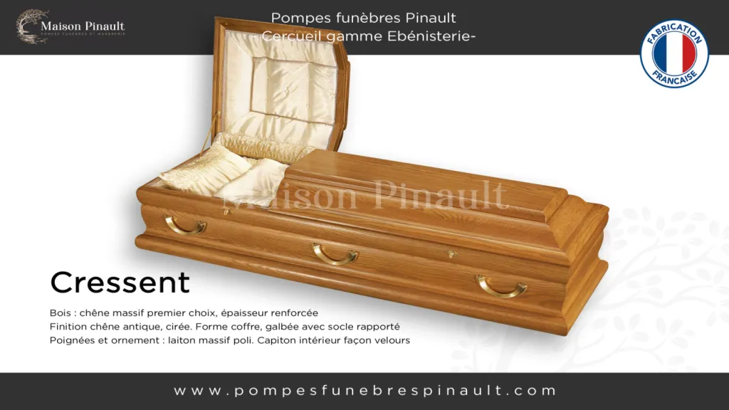 cercueil cressent haut de gamme ébenisterie luxe  forme coffre américain chêne massif massif Pompes funèbres Pinault