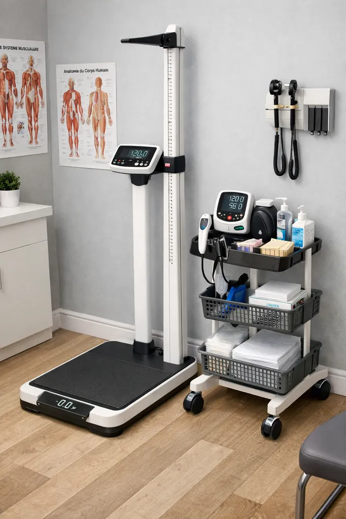 Station de mesure complète en cabinet médical avec pèse-personne, toise et accessoires, assurant un suivi précis et confortable des patients à  Angers