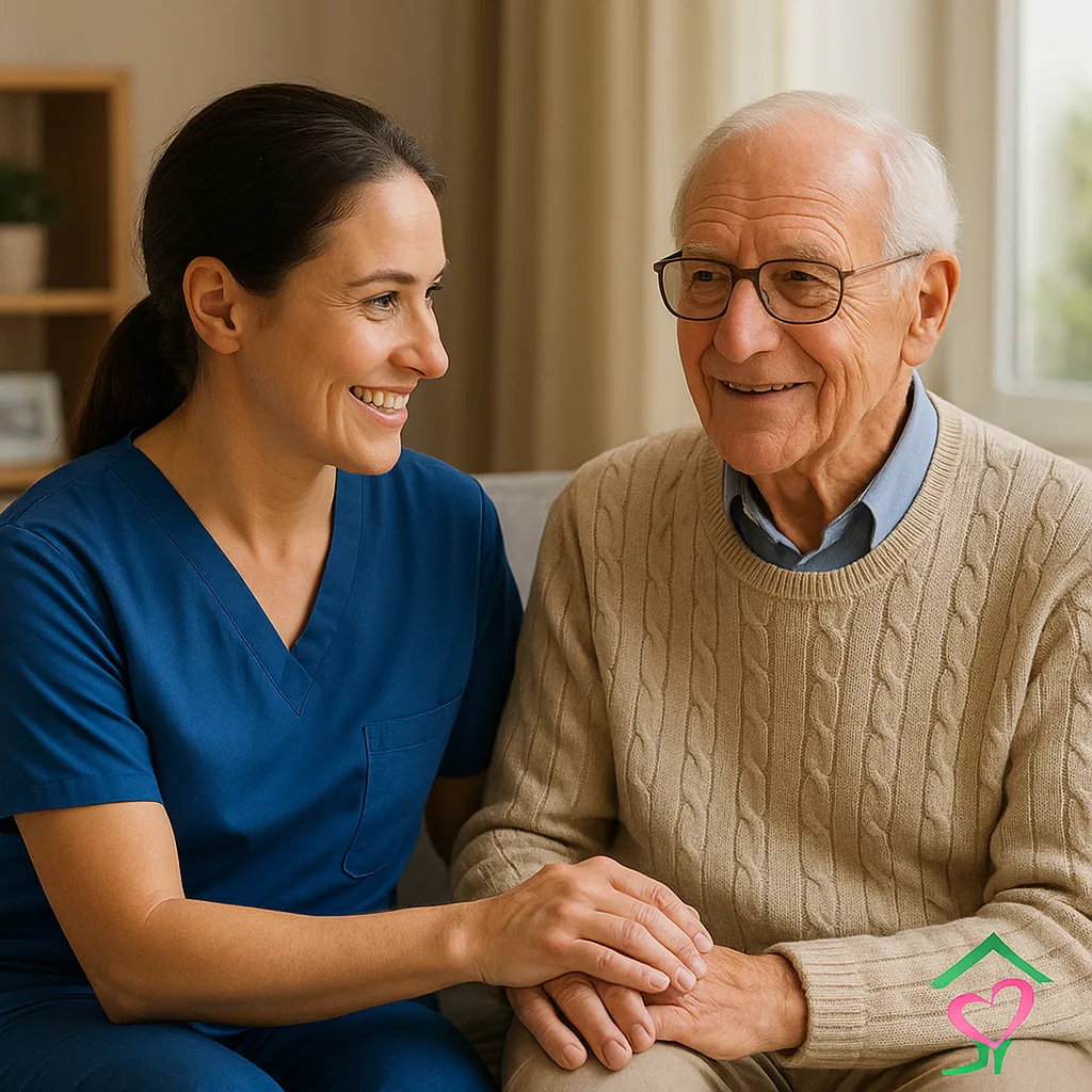 Aide à domicile accompagnant un homme âgé souriant dans son salon à Hyères, un accompagnement bienveillant et humain avec Le Temps Retrouvé dans le Var.