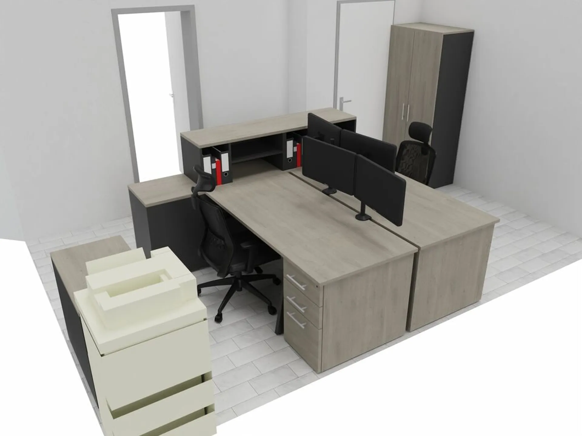 Bureau face à face avec armoire et top box de rangement