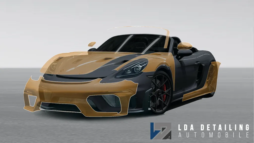 Protection PPF avant élargie Porsche Boxster et Cayman pour une défense renforcée avec film XPEL premium durable
