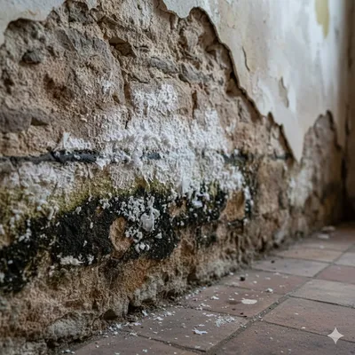 creer l'image Salpêtre sur un mur en pierre à Langon, signe évident de remontées capillaires ou d'humidité du sol.