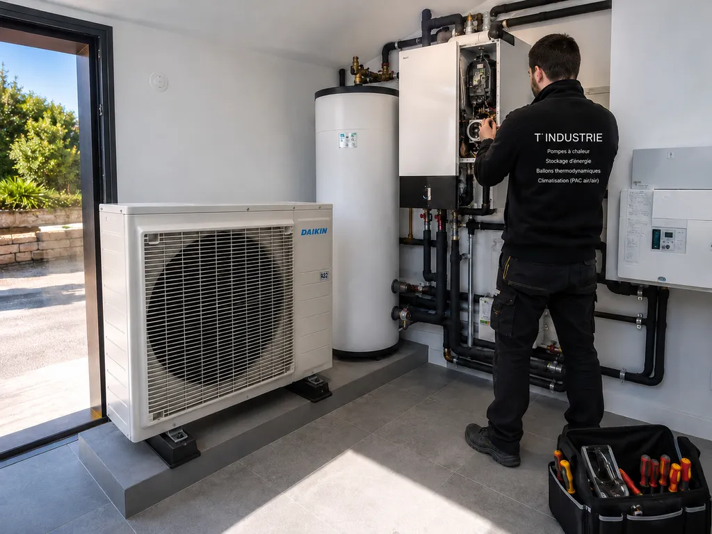 Remplacement d'une ancienne chaudière gaz par une pompe à chaleur air/eau réalisé par T Industrie à Toulon. Une solution performante permettant de réduire durablement la consommation d'énergie tout en améliorant le confort thermique de l'habitation.