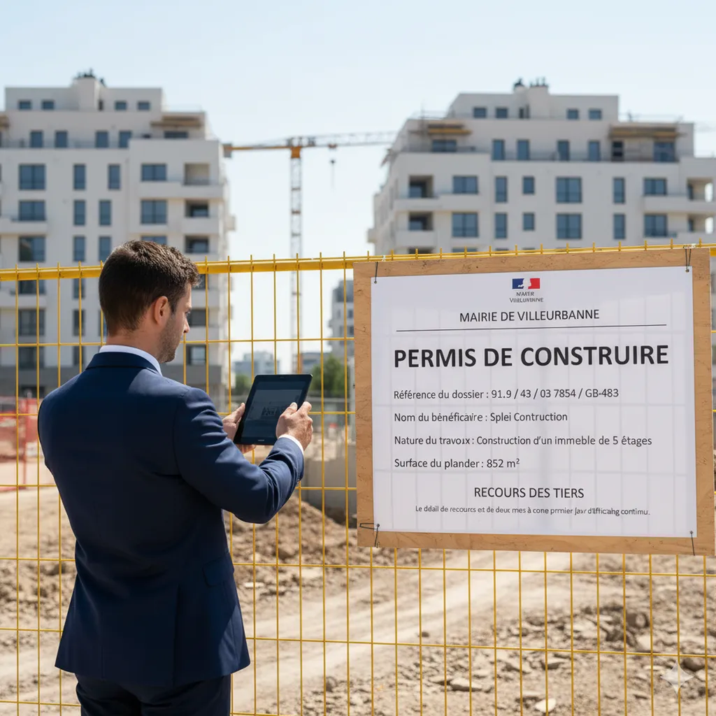 Demander à un huissier de constater affichage panneau permis immobilier pendant 2 mois avec photos hebdomadaires Villeurbanne 69100