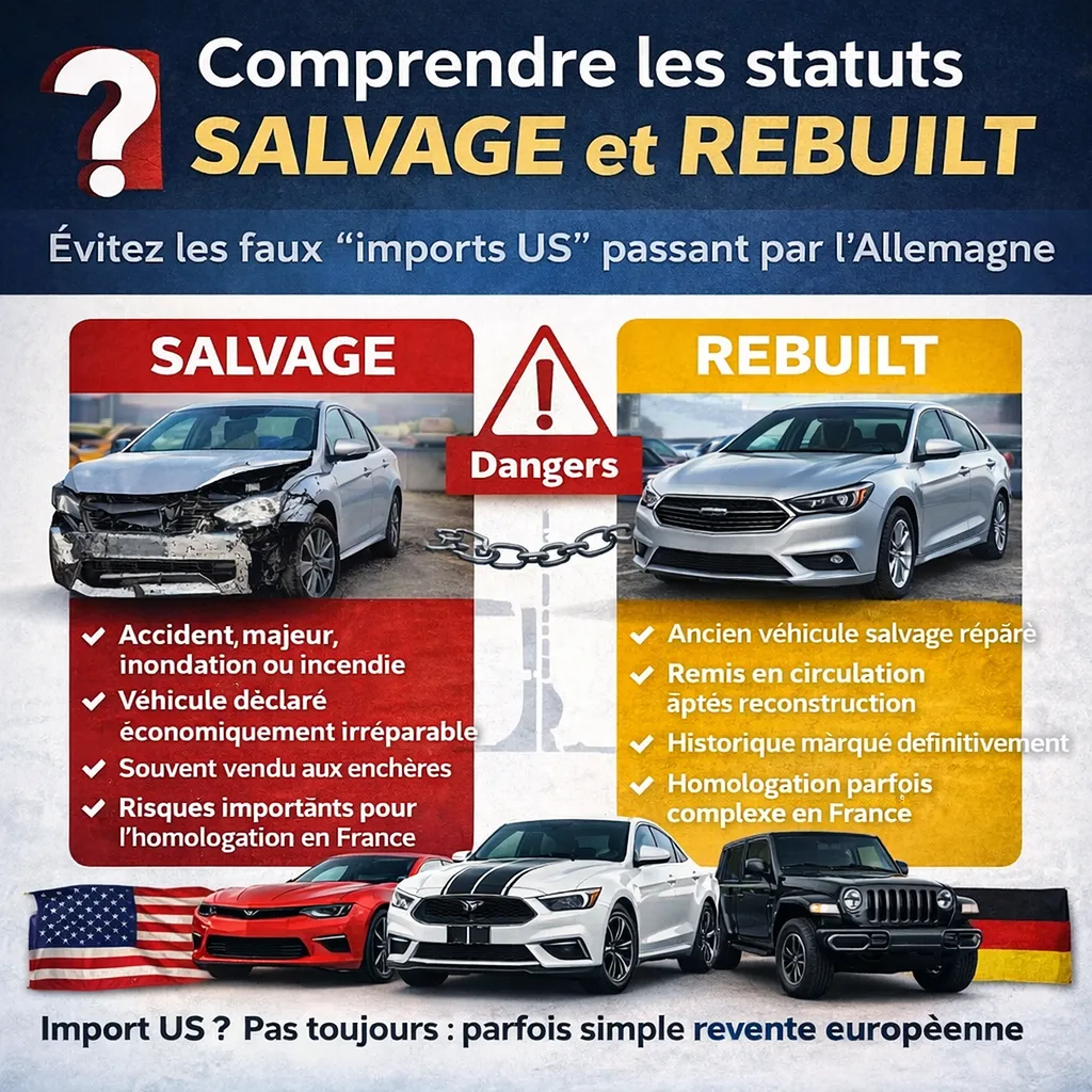 Comprendre Salvage et Rebuilt : risques des faux imports US via Allemagne et homologation véhicules américains en France