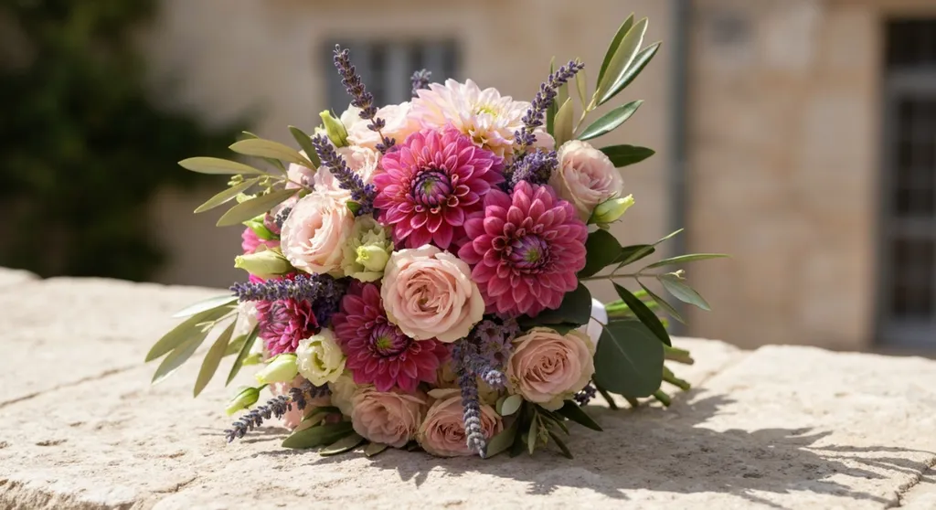 Bouquet de mariée estival avec dahlias, roses de jardin, lisianthus, lavande et feuillage d'olivier.