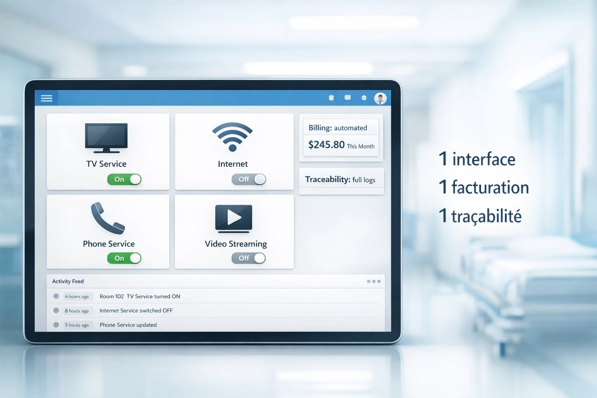 logiciel TV pour hopital, clinique, ehpad, ssr, smr pour faire payer la TV