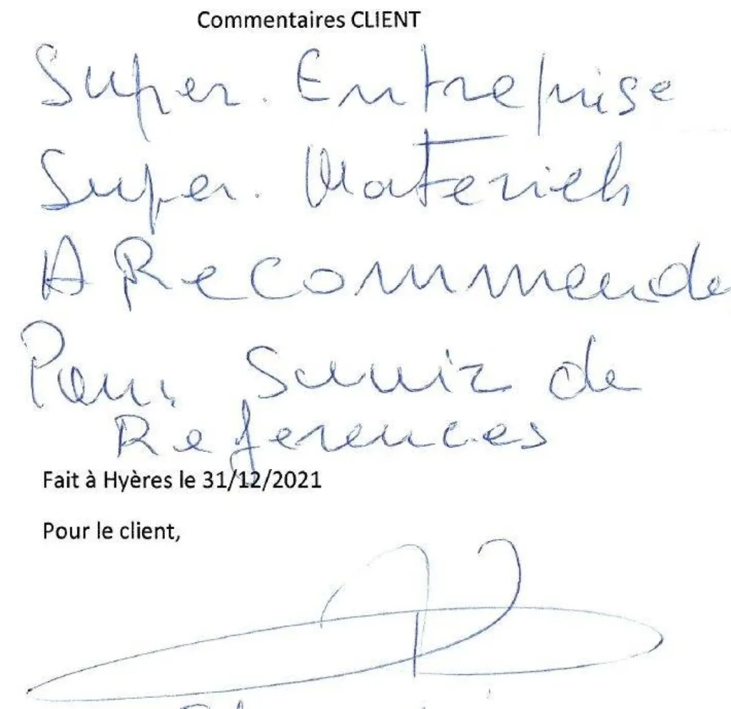 Remerciements d'un client de hyères près de Toulon aux équipes Oval'Access