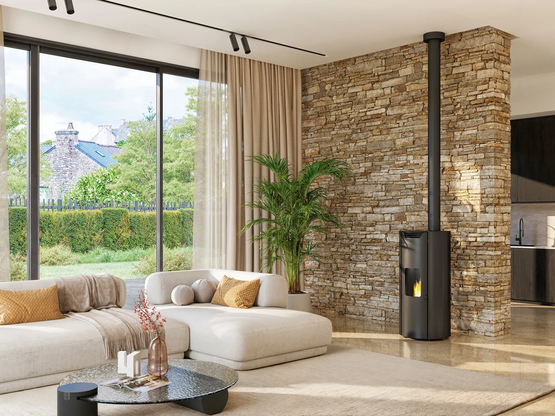 Jotul PF 722S sur un mur en parements pierres
