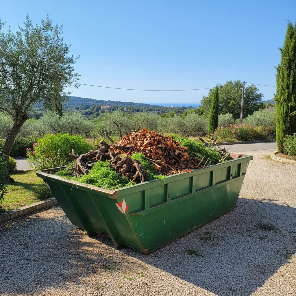 Location de benne pour déchets verts de 7m3 à Vidauban : évacuation de gazon, feuilles mortes et résidus de taille vers Sainte-Maxime.