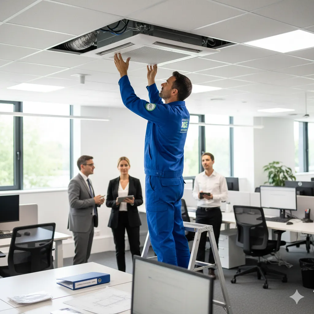Artisan RGE installant une cassette de plafond de climatisation tertiaire dans un bureau à Créon (33).