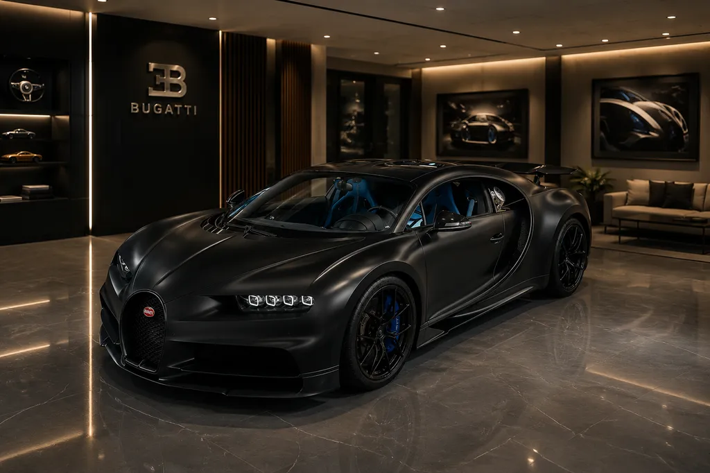Bugatti Chiron noire mate : présentation exclusive en showroom prestige