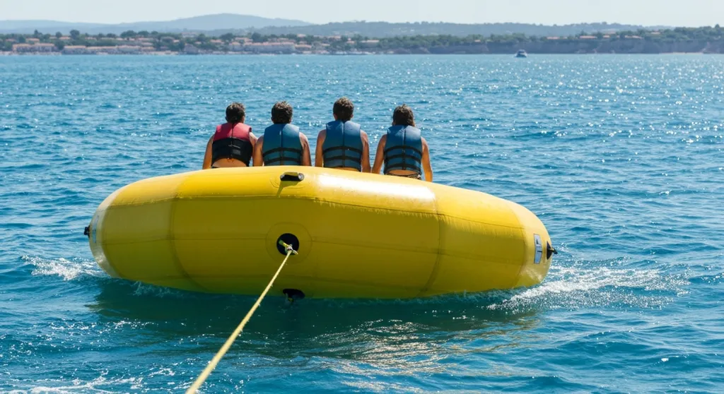 bouée tractée jaune au début de son envol sur l'eau bleue de Six-Fours