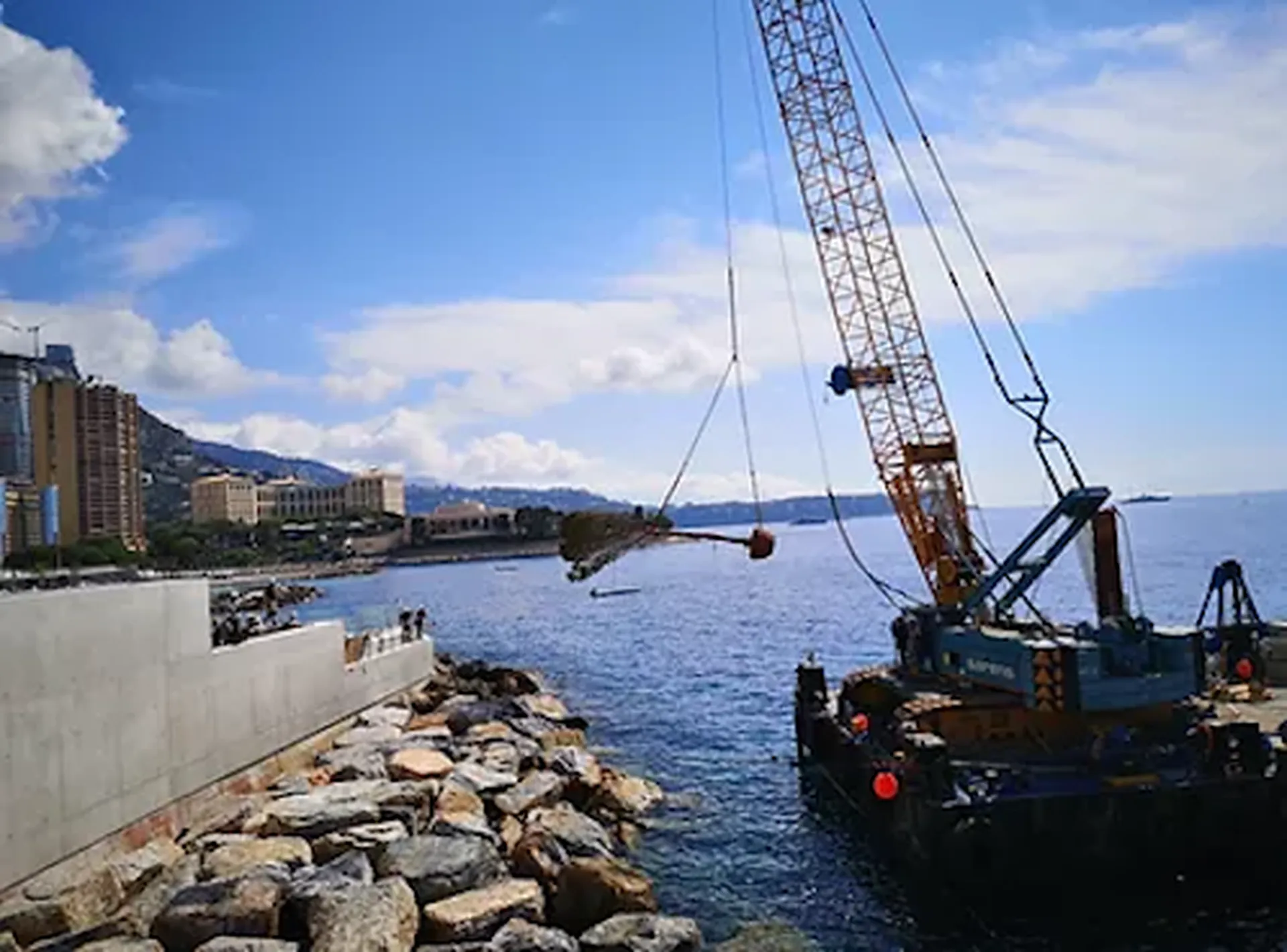 Plantation de Pinus de 10m par la mer, depuis une barge à Monaco
