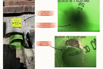 Réhabilitation de canalisation à Murs Chemisage en réversion · 9 mètres · DN 100 · Tir depuis regard extérieur