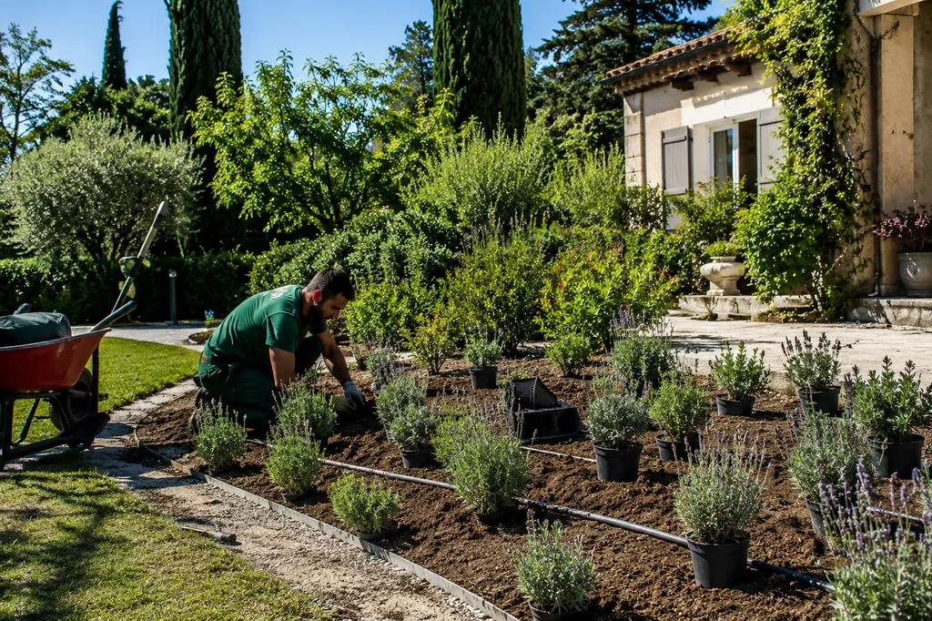 Plantation de lavande dans un jardin méditerranéen à Aménagement paysager d'un jardin à Villeneuve-lès-Avignon
