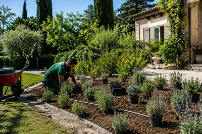 Plantation de lavande dans un jardin méditerranéen à Aménagement paysager d'un jardin à Villeneuve-lès-Avignon