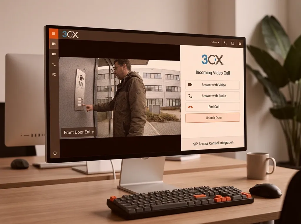 Interface logicielle 3CX affichant un appel entrant depuis une platine de contrôle d'accès SIP
