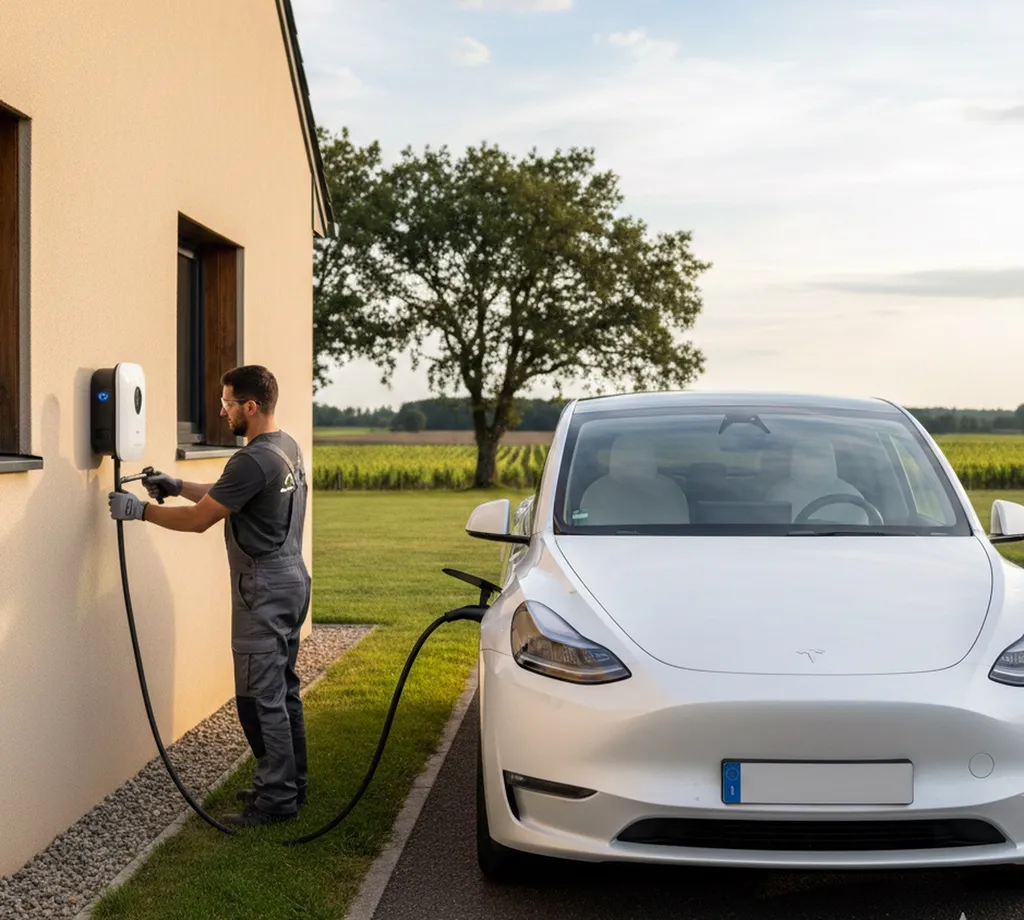 À Fargues près de Langon en Gironde, installation d'une borne de recharge connectée pour Tesla Model Y avec gestion par double carte RFID pour taxi professionnel.