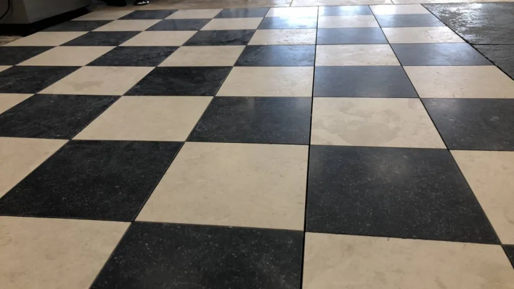 Dallage en damier noir et blanc pour intérieur.